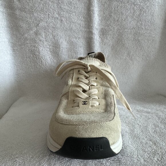 CHANEL WOMEN’S CC LOW-TOP SNEAKERS SUEDE AND KNIT FABRIC 42 - Picture 5 of 13